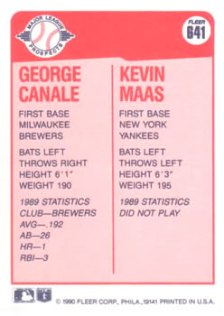 George Canale / Kevin Maas  baseball card collectible - Main Image 2