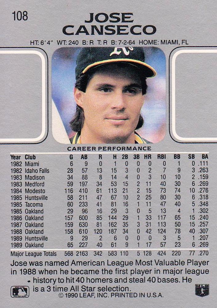 Jose Canseco  baseball card collectible - Main Image 2