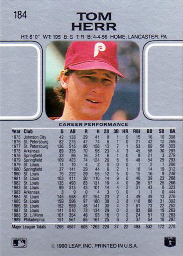 Tom Herr  baseball card collectible - Main Image 2