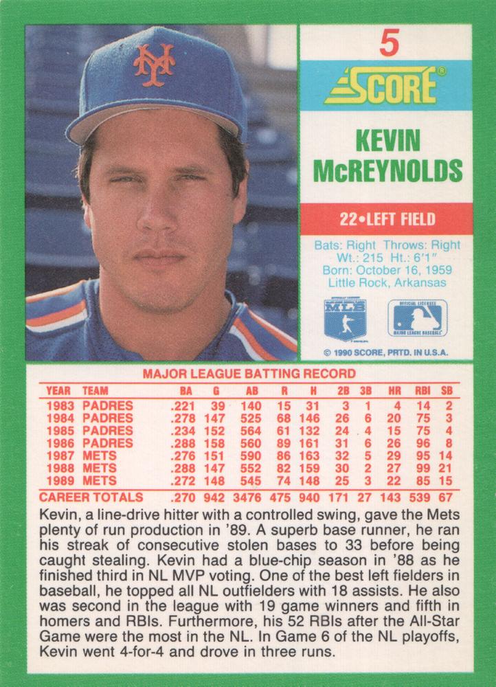 Kevin McReynolds  baseball card collectible - Main Image 2