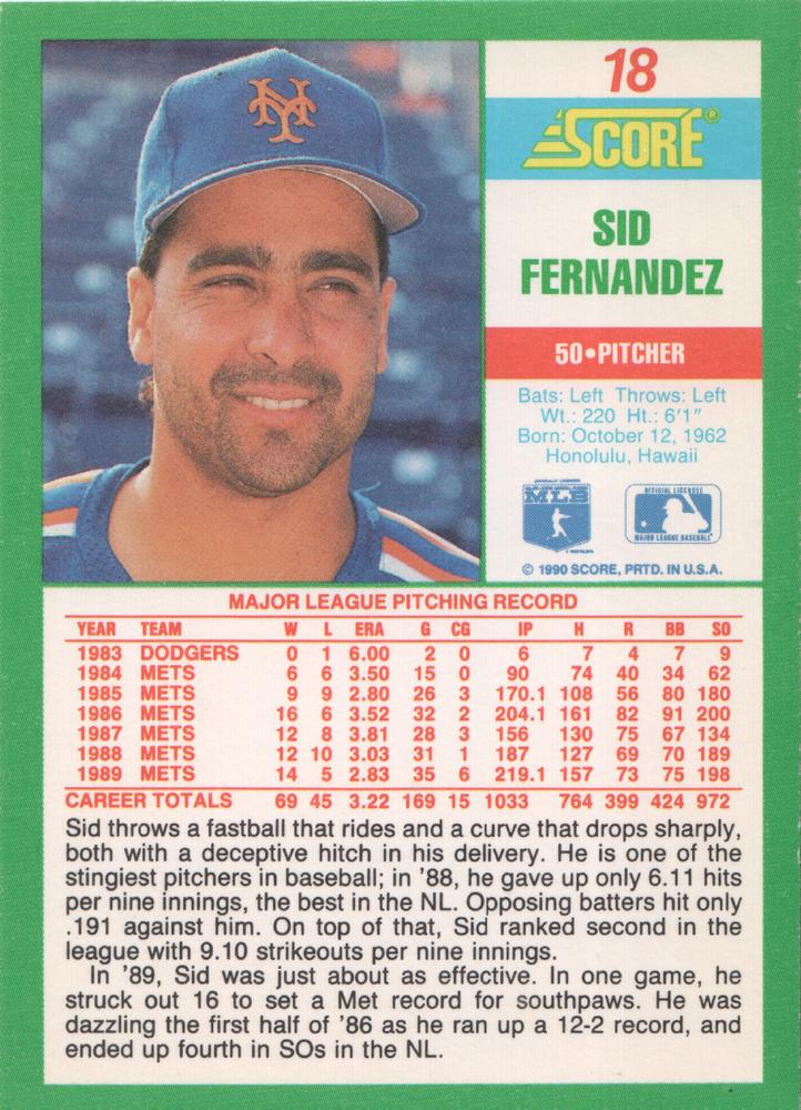 Sid Fernandez  baseball card collectible - Main Image 2