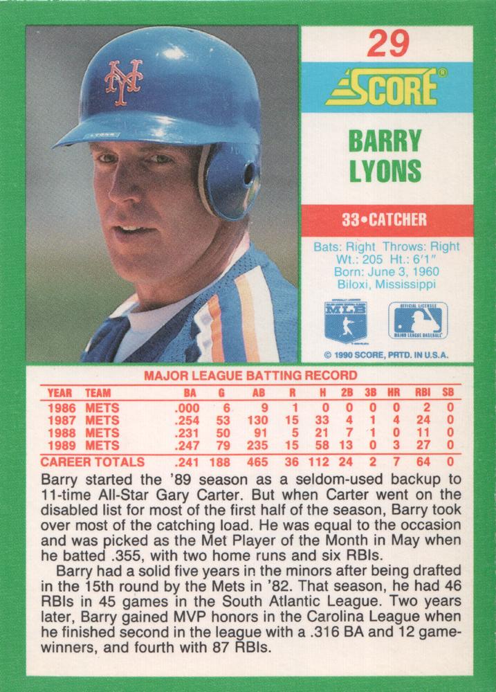 Barry Lyons  baseball card collectible - Main Image 2