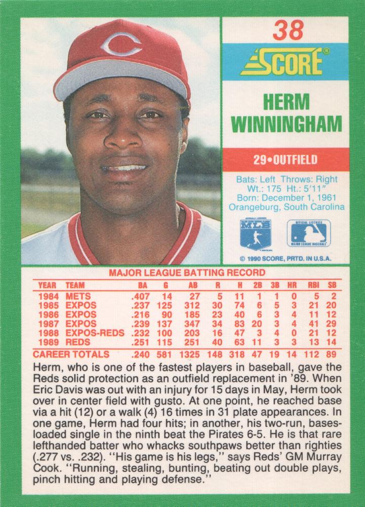 Herm Winningham  baseball card collectible - Main Image 2