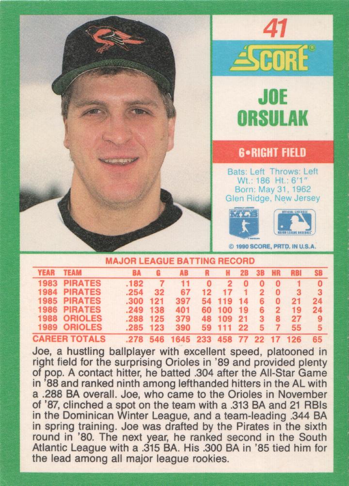 Joe Orsulak  baseball card collectible - Main Image 2