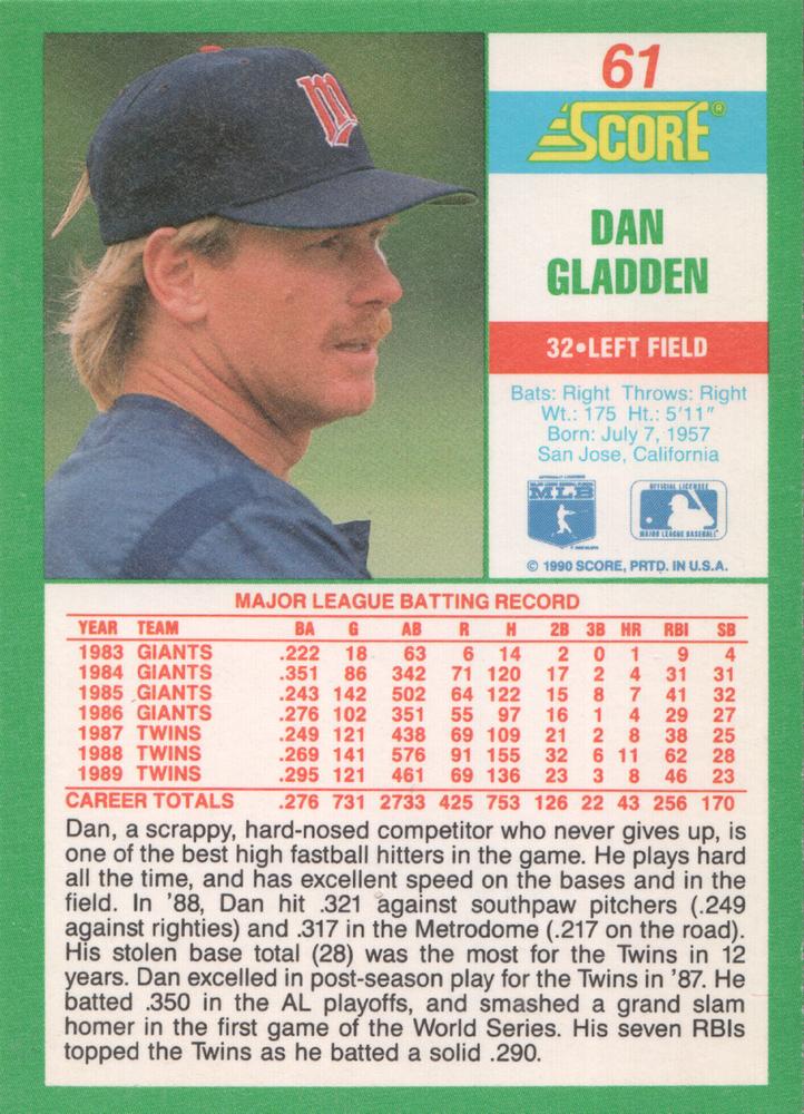 Dan Gladden  baseball card collectible - Main Image 2