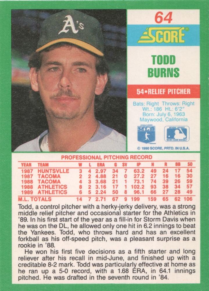Todd Burns  baseball card collectible - Main Image 2