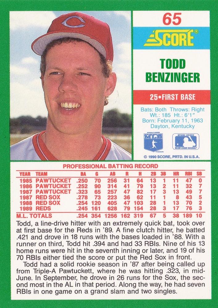Todd Benzinger  baseball card collectible - Main Image 2