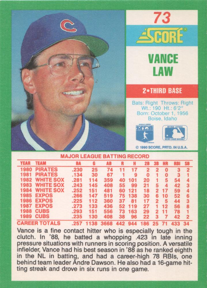 Vance Law  baseball card collectible - Main Image 2