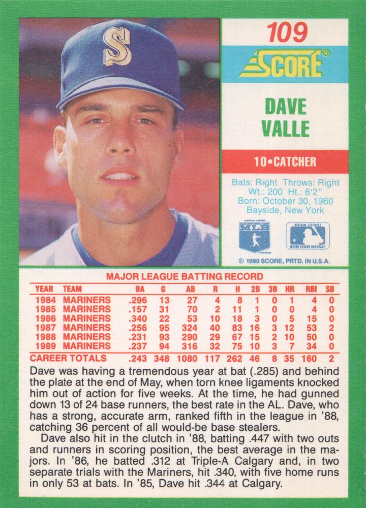 Dave Valle  baseball card collectible - Main Image 2