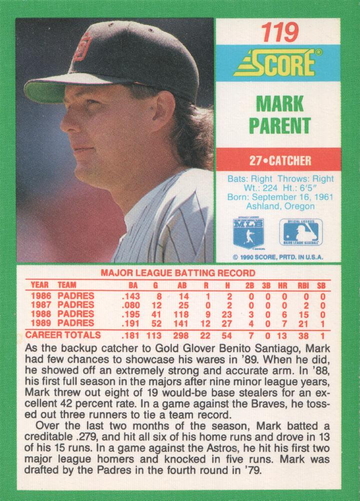 Mark Parent  baseball card collectible - Main Image 2