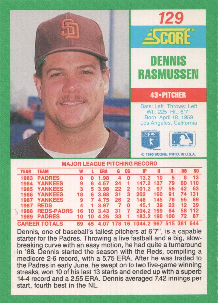 Dennis Rasmussen  baseball card collectible - Main Image 2