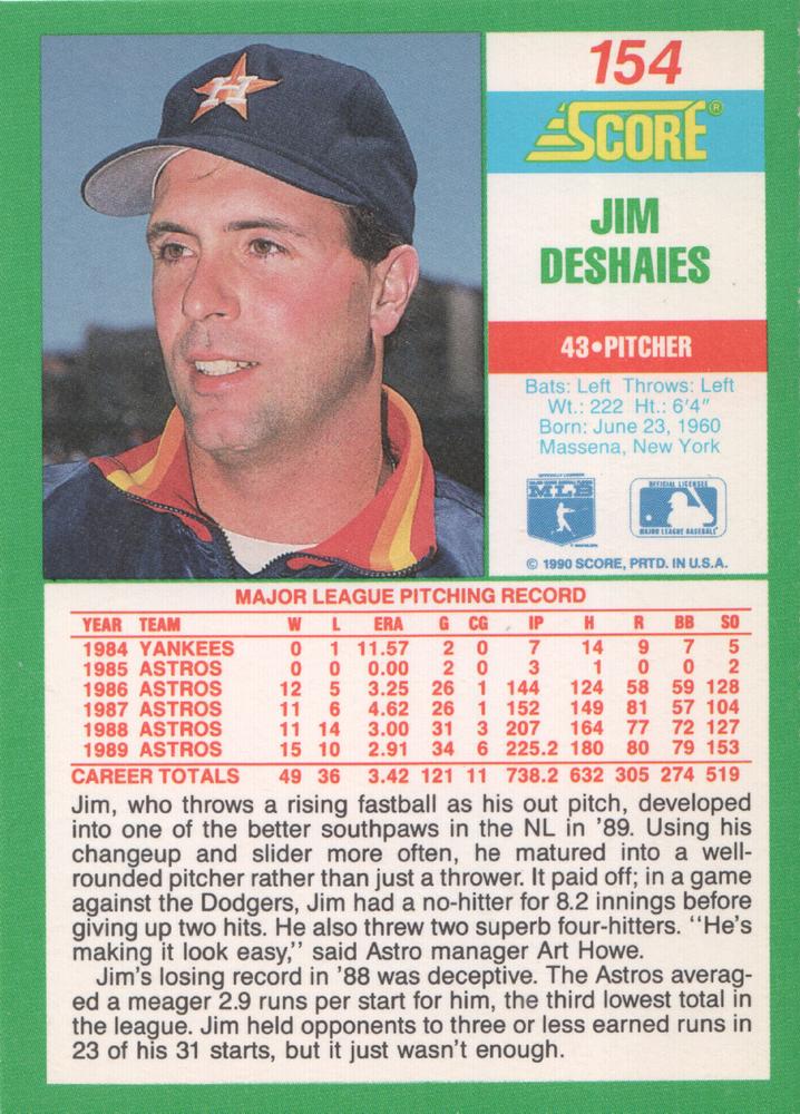 Jim Deshaies  baseball card collectible - Main Image 2
