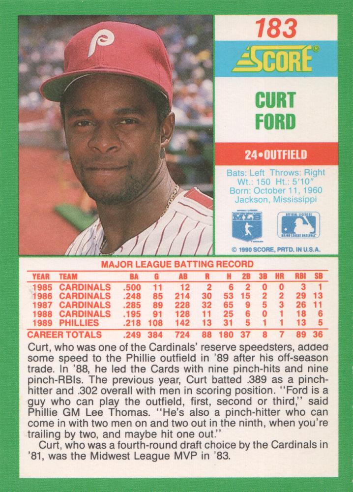 Curt Ford  baseball card collectible - Main Image 2