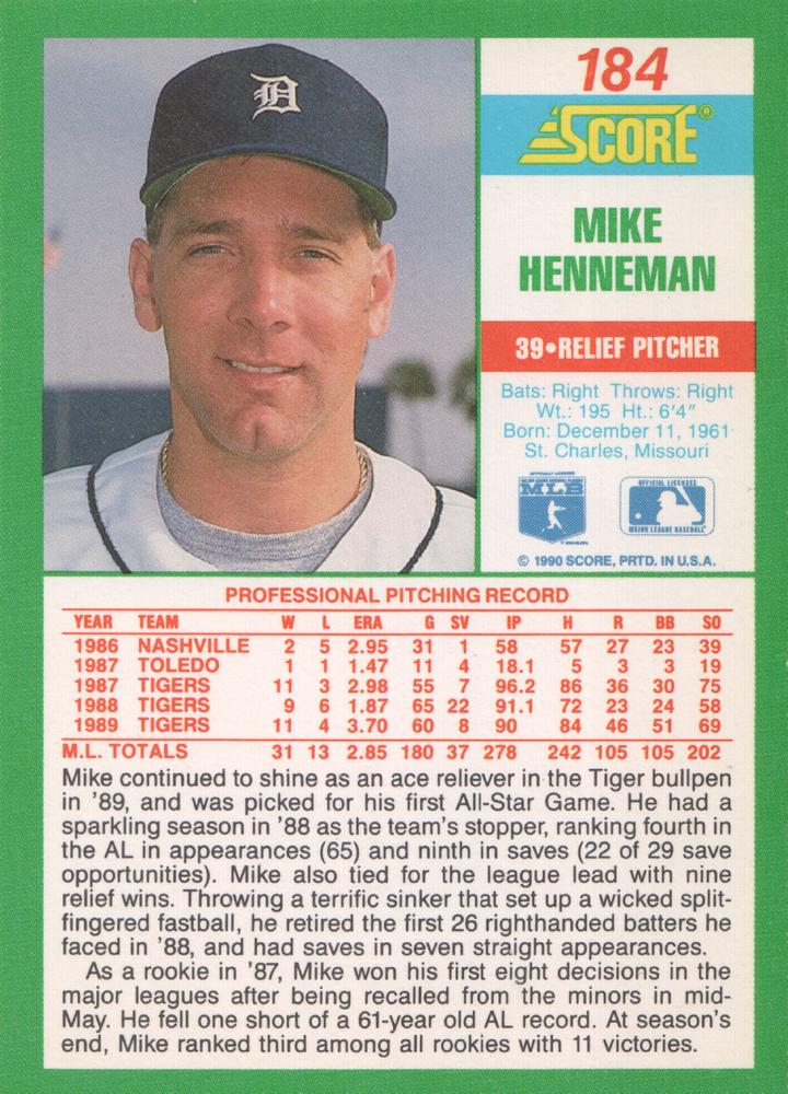 Mike Henneman  baseball card collectible - Main Image 2