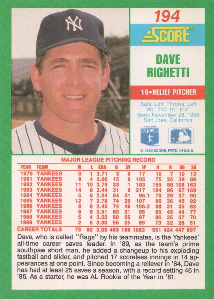 Dave Righetti  baseball card collectible - Main Image 2