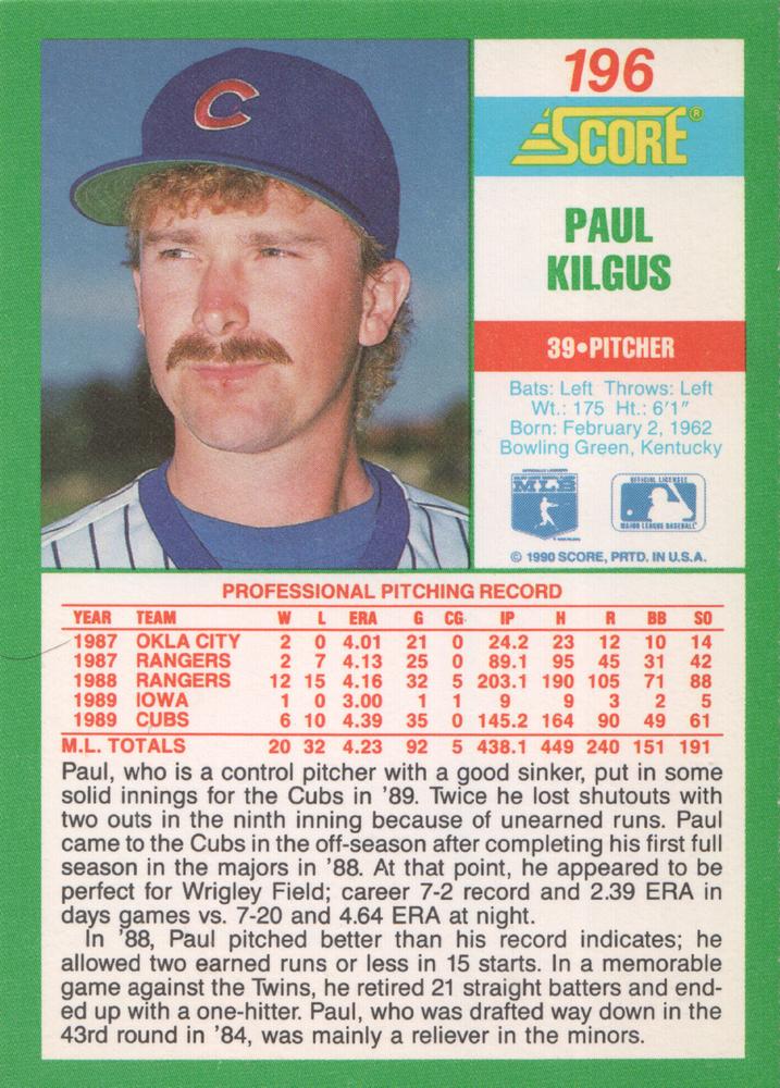 Paul Kilgus  baseball card collectible - Main Image 2