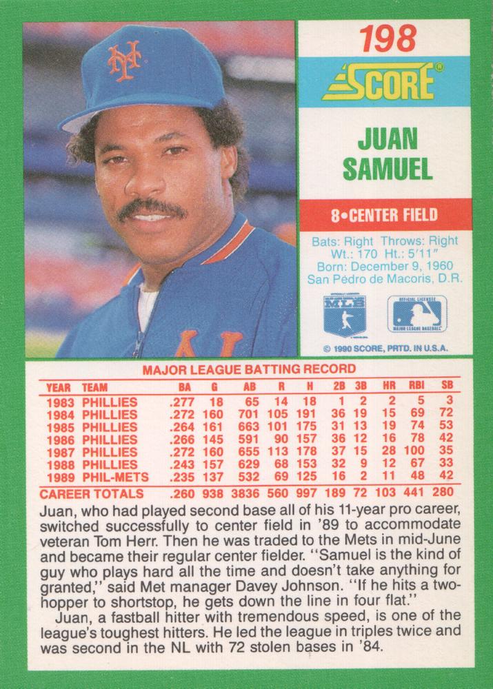 Juan Samuel  baseball card collectible - Main Image 2