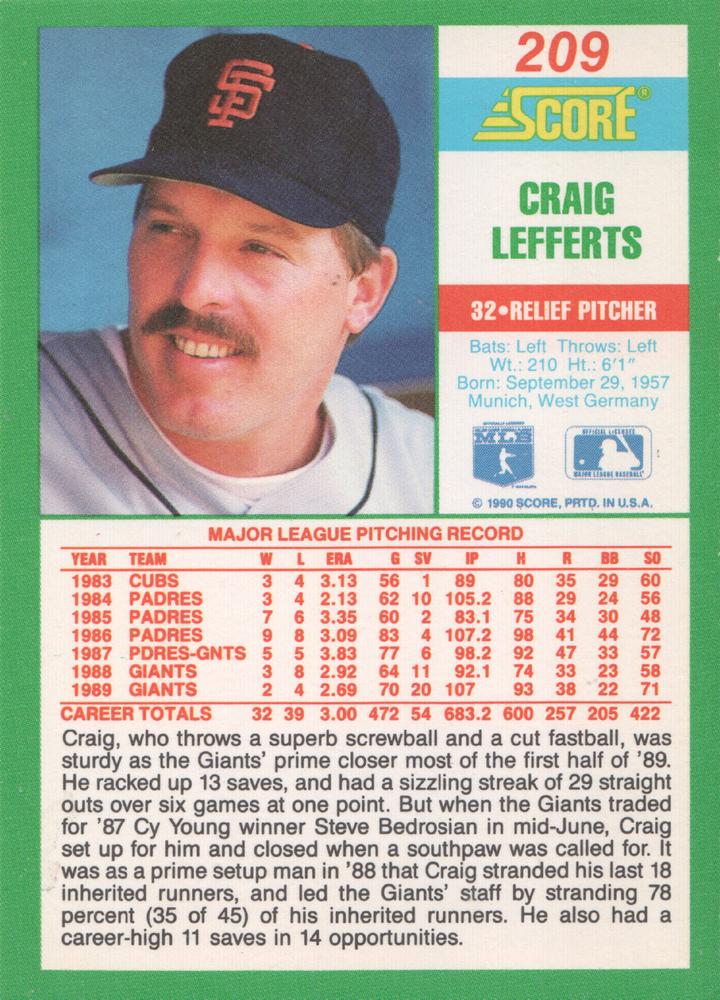 Craig Lefferts  baseball card collectible - Main Image 2