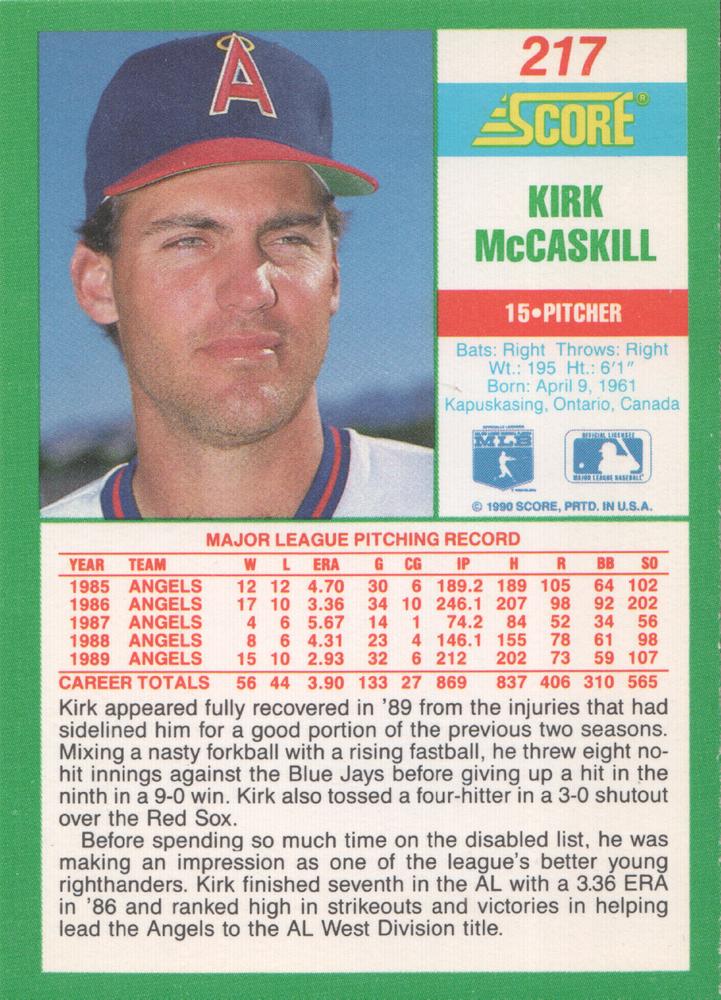 Kirk McCaskill  baseball card collectible - Main Image 2