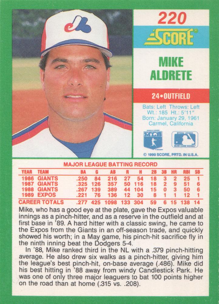 Mike Aldrete  baseball card collectible - Main Image 2