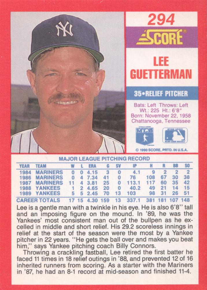 Lee Guetterman  baseball card collectible - Main Image 2