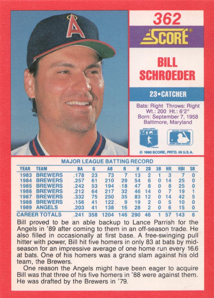 Bill Schroeder  baseball card collectible - Main Image 2