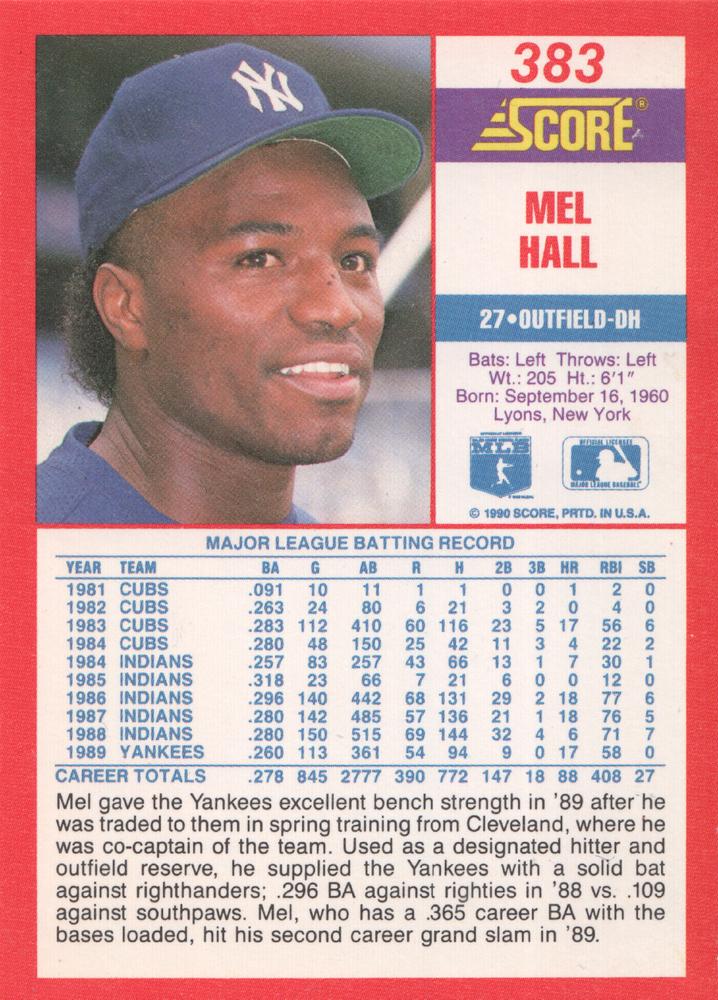 Mel Hall  baseball card collectible - Main Image 2