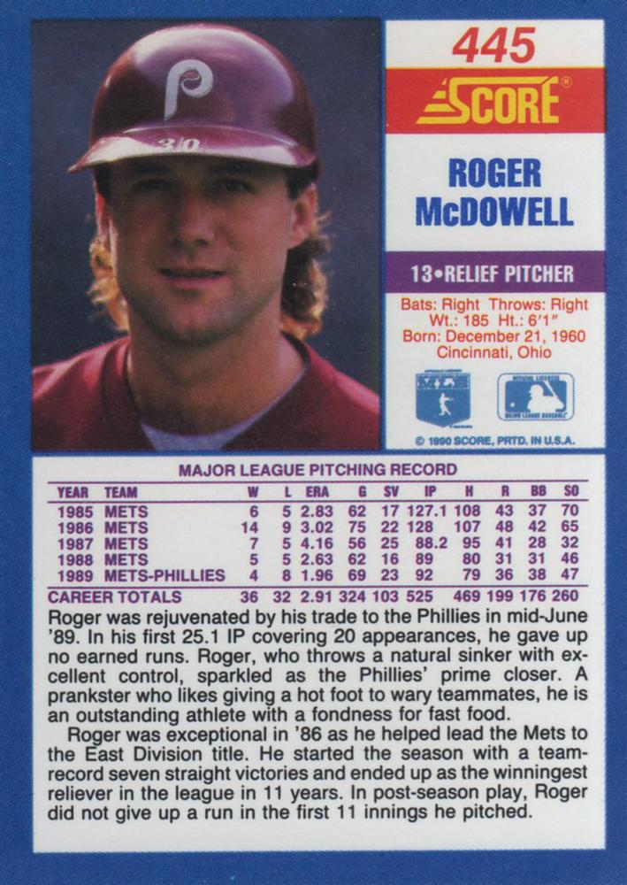 Roger McDowell  baseball card collectible - Main Image 2