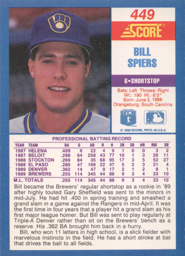 Bill Spiers  baseball card collectible - Main Image 2