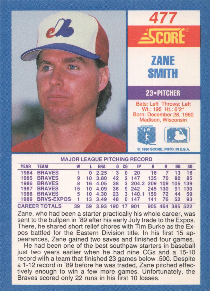 Zane Smith  baseball card collectible - Main Image 2