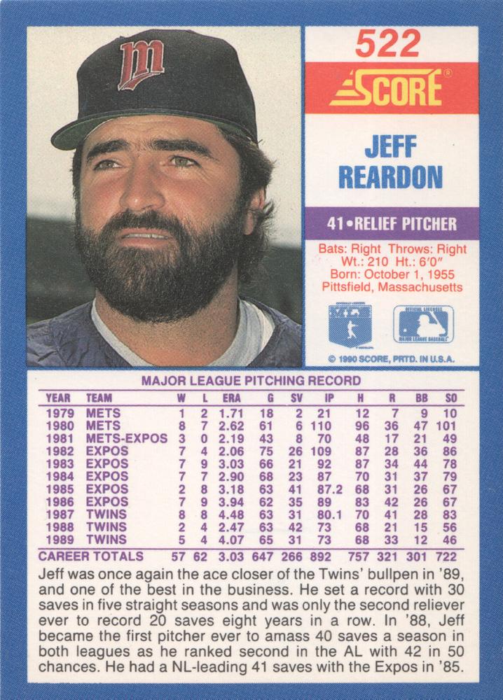 Jeff Reardon  baseball card collectible - Main Image 2