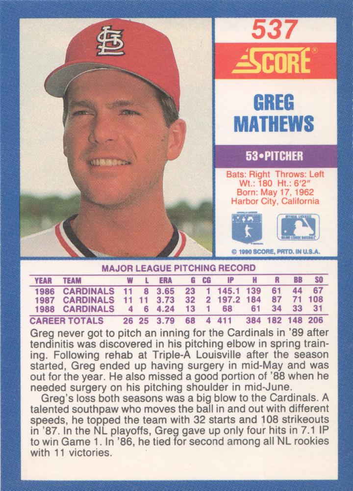 Greg Mathews  baseball card collectible - Main Image 2