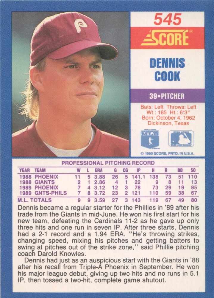 Dennis Cook  baseball card collectible - Main Image 2