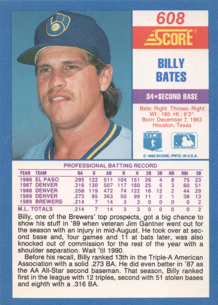 Billy Bates  baseball card collectible - Main Image 2