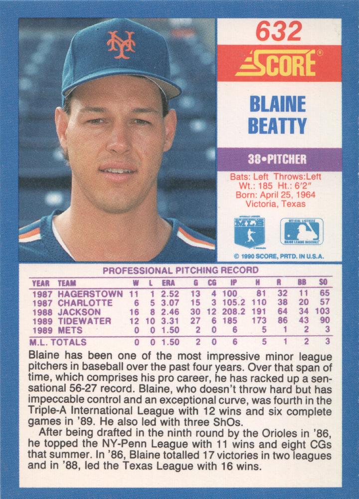 Blaine Beatty  baseball card collectible - Main Image 2