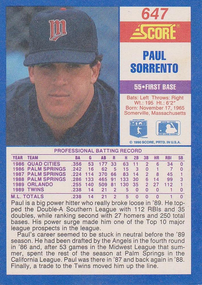 Paul Sorrento  baseball card collectible - Main Image 2