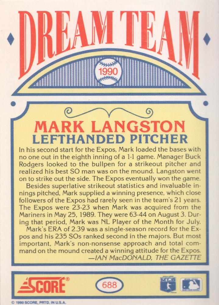 Mark Langston  baseball card collectible - Main Image 2