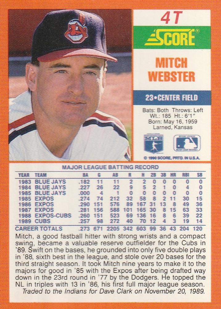Mitch Webster  baseball card collectible - Main Image 2