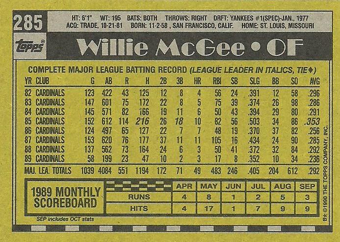 Willie McGee  baseball card collectible - Main Image 2