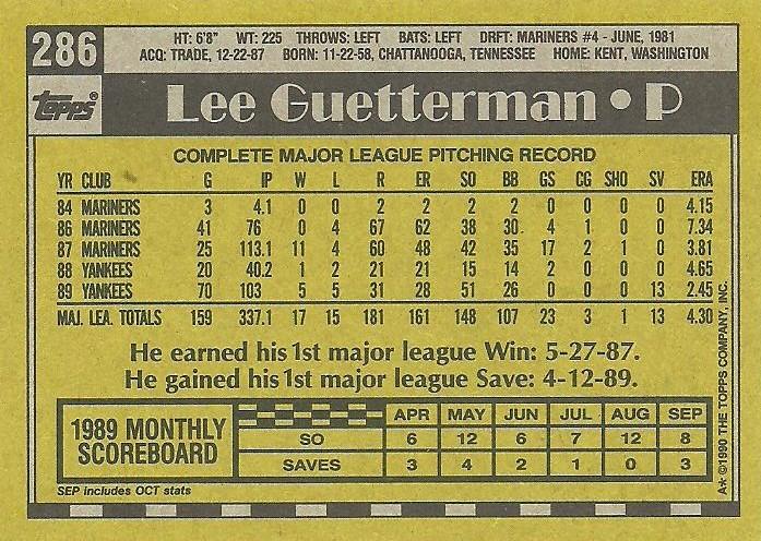 Lee Guetterman  baseball card collectible - Main Image 2