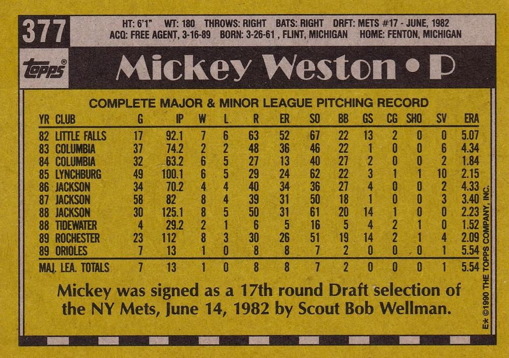 Mickey Weston  baseball card collectible - Main Image 2