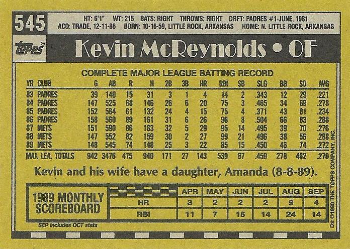 Kevin McReynolds  baseball card collectible - Main Image 2