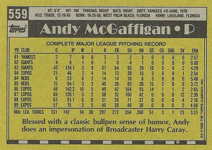 Andy McGaffigan  baseball card collectible - Main Image 2