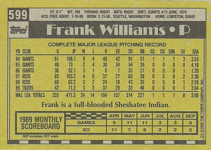 Frank Williams  baseball card collectible - Main Image 2