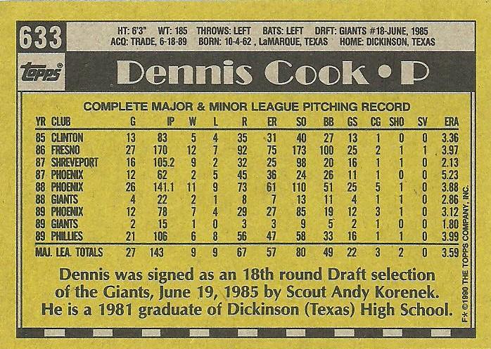 Dennis Cook  baseball card collectible - Main Image 2