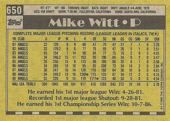 Mike Witt  baseball card collectible - Main Image 2