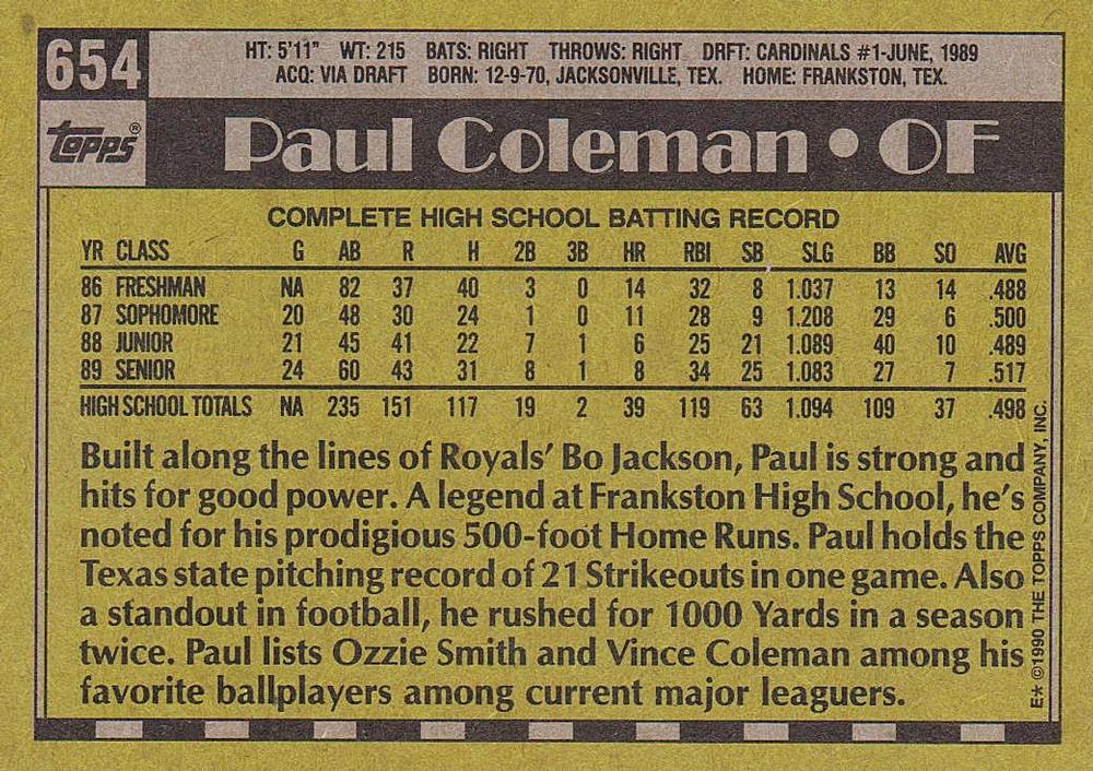 Paul Coleman  baseball card collectible - Main Image 2