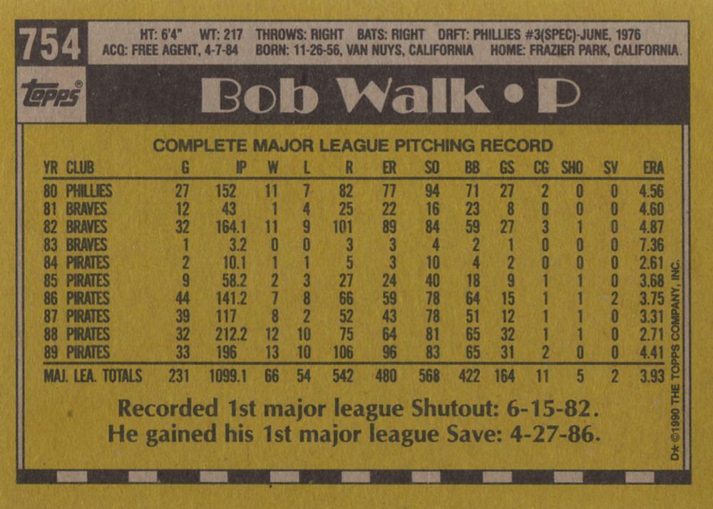 Bob Walk  baseball card collectible - Main Image 2