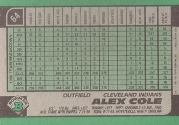 Alex Cole  baseball card collectible - Main Image 2