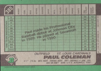 Paul Coleman  baseball card collectible - Main Image 2